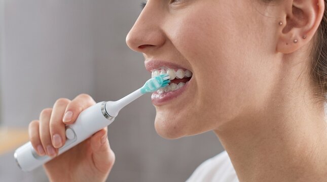 Young woman brushing teeth using modern electric sonic toothbrush