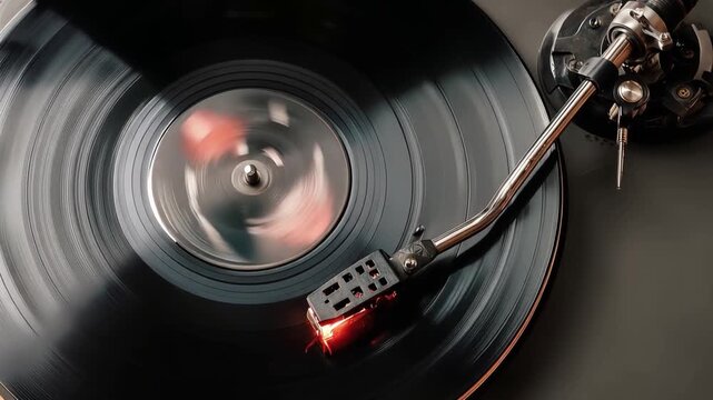 Spinning Vinyl Record Close-up: A close-up shot captures a black vinyl record spinning on a turntable, its grooves creating a blur of motion, evoking nostalgia and the classic sound of music.