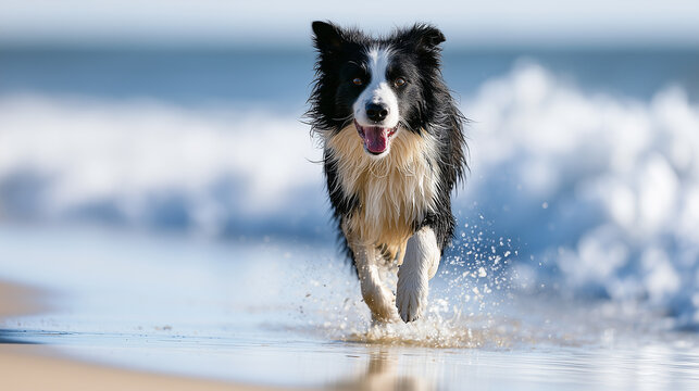 Happy Border Collie dog running fast through shallow water on a sunny ocean beach with white splashing waves.