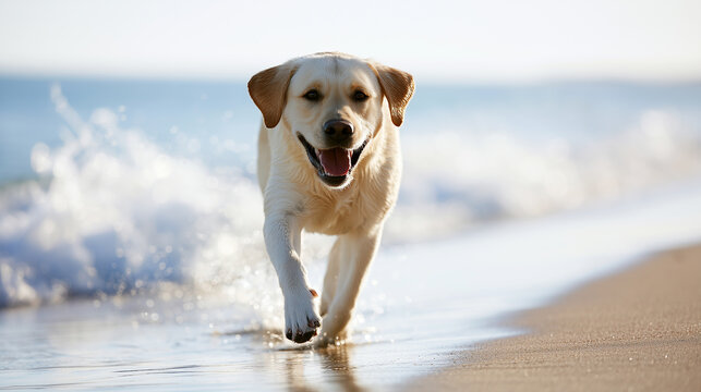 Joyful Golden Retriever dog running forward along the ocean shore with splashing sea waves in the background.