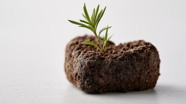 Young green sprout growing from a heart of rich fertile soil on a clean white background.