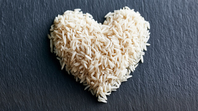 Top view of raw white rice grains meticulously formed into a heart shape on a dark grey slate surface.