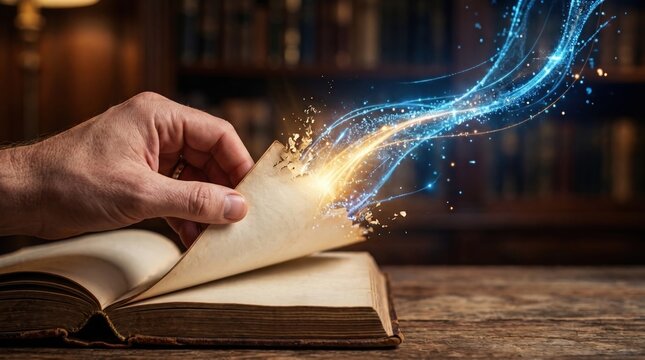 Hand turning page of old vintage book with magical glowing blue and golden light streams emitting in dark cozy library.