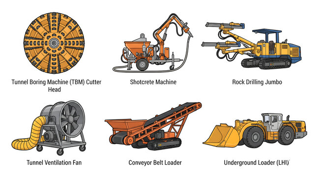 Tunnel boring machine drilling underground construction site. Heavy engineering equipment excavating rock for subway or mining projects.