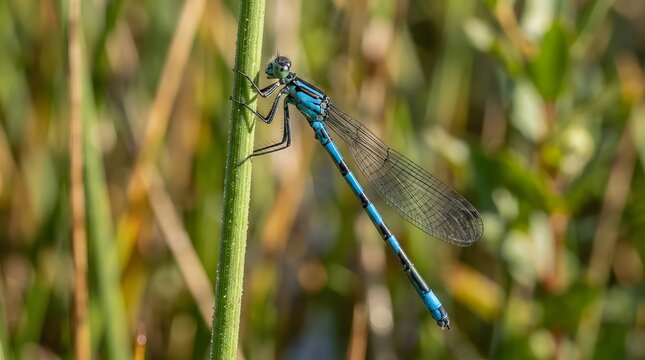 Blue damselfly resting on green grass stem. Vibrant dragonfly perched on wild plant in natural habitat.