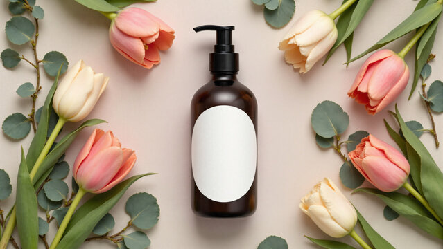 Top view flat lay of an amber pump bottle with a blank label, framed by soft pink tulips and green eucalyptus leaves on a beige background in clean, soft lighting.