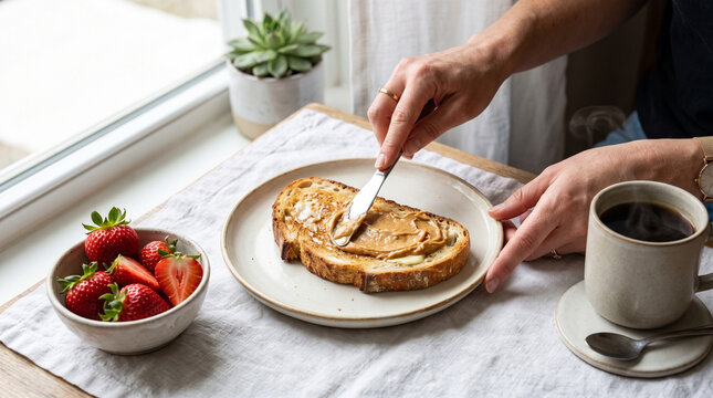spreading peanut butter sauce on bread
