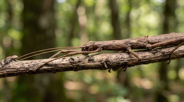Brown stick insect camouflaged on tree branch. Leaf insect blending into bark for natural survival.