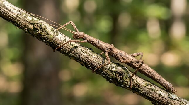 Brown stick insect camouflaged on tree branch. Phasmid blending into bark for natural survival and defense.