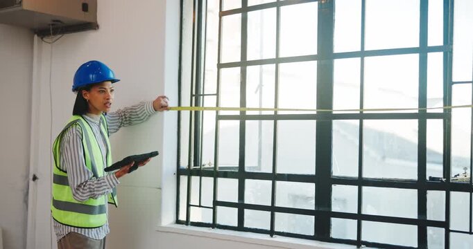 Construction, team and measuring tape with tablet for inspection, building evaluation and renovation. Woman, partner and software for window dimensions for architecture assessment, talking and tech