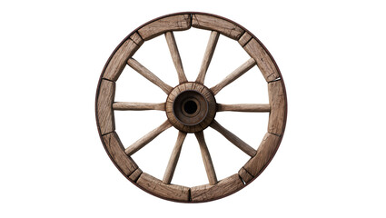 Rustic wooden wagon wheel with metal hub, isolated on transparent background © ProStock