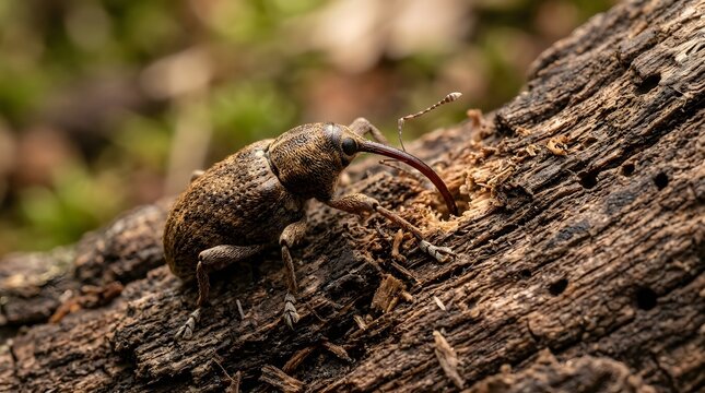 Brown weevil insect feeding on tree bark. Close-up of beetle consuming wood fibers in natural habitat.