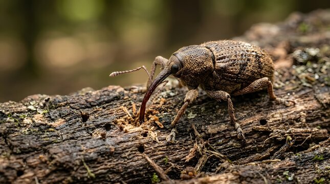 Brown weevil insect feeding on tree bark. Close-up of small beetle consuming organic plant material outdoors.