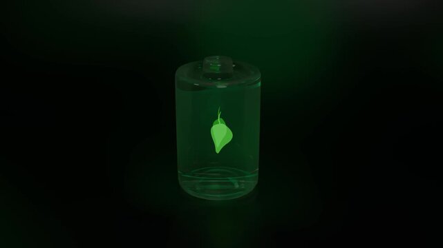 Transparent Glass Battery with Glowing Green Leaf Floating Inside, Renewable Energy, Sustainable Eco Technology, Futuristic 3D Loop Animation, 3D Rendering