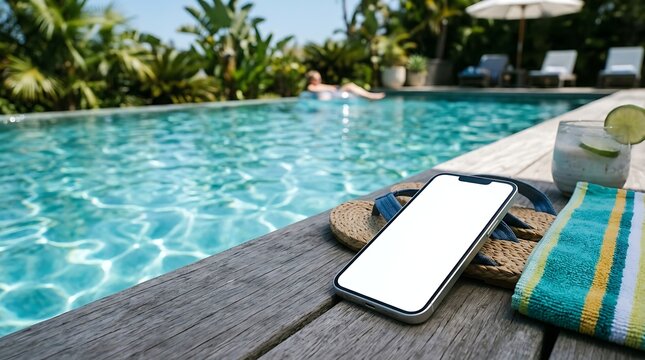 Smartphone with empty screen on tropical pool deck with summer accessories