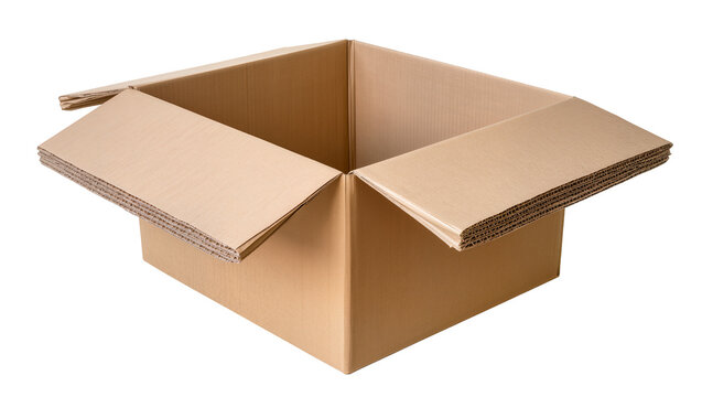 Open corrugated cardboard box with flaps extended, isolated on transparent background