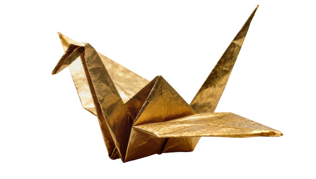 Golden origami crane folded from textured paper, isolated on transparent background