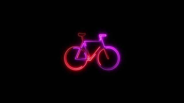 glowing video of neon bicycle icon pulsates sleek black background representing themes cycling adventure extreme sports animated motion.4k video.