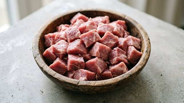 A rustic wooden bowl filled with fresh raw cubed beef steak pieces ready for cooking on a grey background