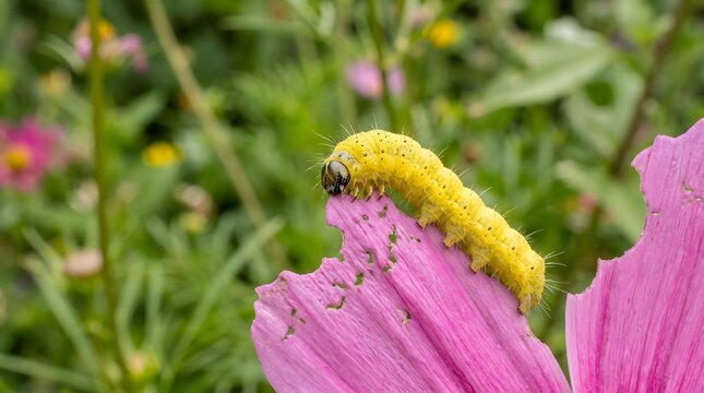 Yellow and black caterpillar feeding on pink wildflower petals. Close-up of fuzzy larva eating vibrant blossom outdoors in nature.