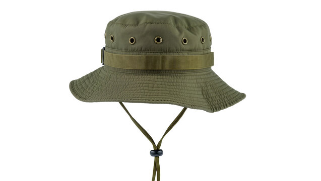 Olive green canvas bucket hat with chin strap, isolated on transparent background
