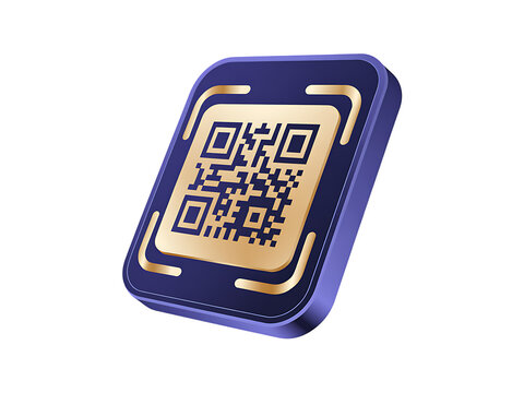 Shiny gold qr code icon inside blue square frame 3d png isolated object for scan on a transparent background.