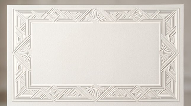 Elegant cream white textured paper with an embossed Art Deco geometric frame for luxury wedding invitations and formal stationery.