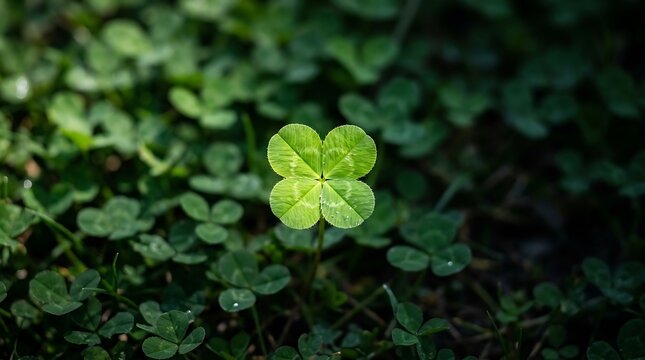 A single lucky four leaf clover standing out in a patch of green three leaf clovers in nature