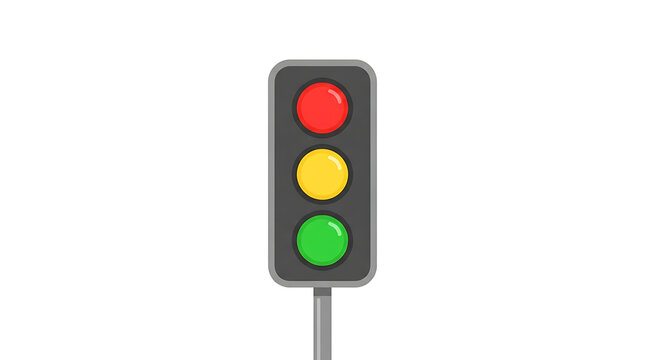 Traffic light signal with red yellow and green lights on white background, urban transportation concept
