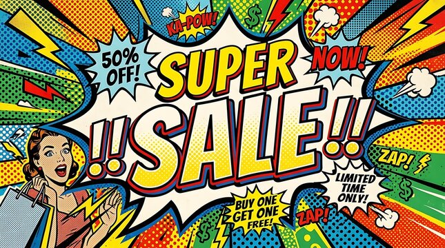 Pop art comic book graphic design super sale announcement banner