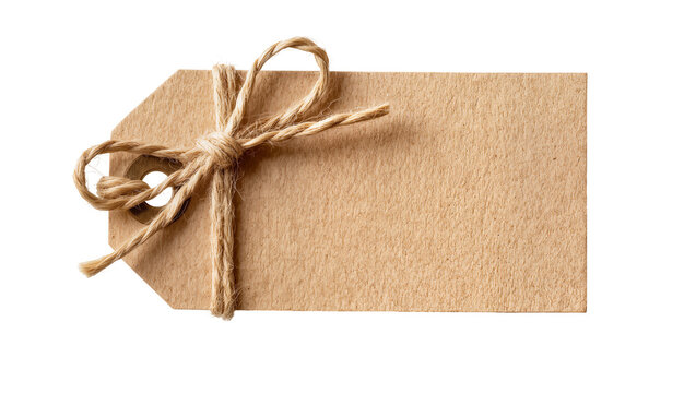 Brown kraft paper tag with jute twine bow, isolated on transparent background