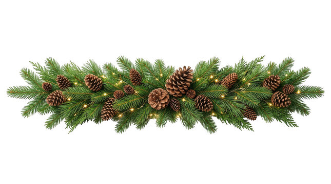 Christmas garland with pine cones and green fir branches isolated on transparent background