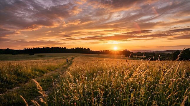 A beautiful golden sunset glowing over a vast agricultural corn field during the late summer season in the countryside landscape
