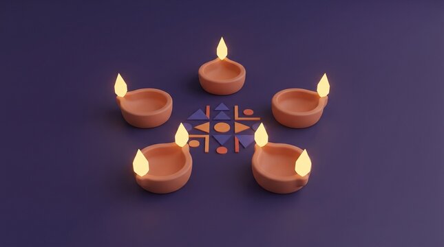 Minimalist 3D clay oil lamps with glowing flames on a purple background for Diwali festival celebration and religious decoration.