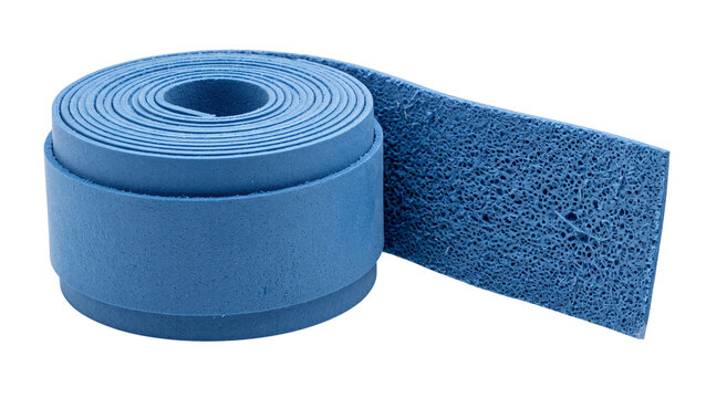Rolled blue foam tape with textured surface on transparent background