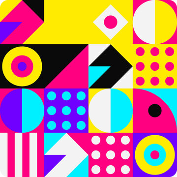 Vibrant geometric pattern with bold shapes and bright primary colors