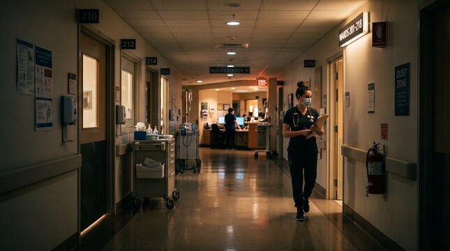 Nurse walking down a dimly lit hospital corridor at night.