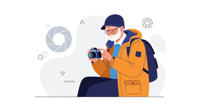 Elderly Man with Camera and Backpack, Vector Illustration - Capturing Memories and Exploring