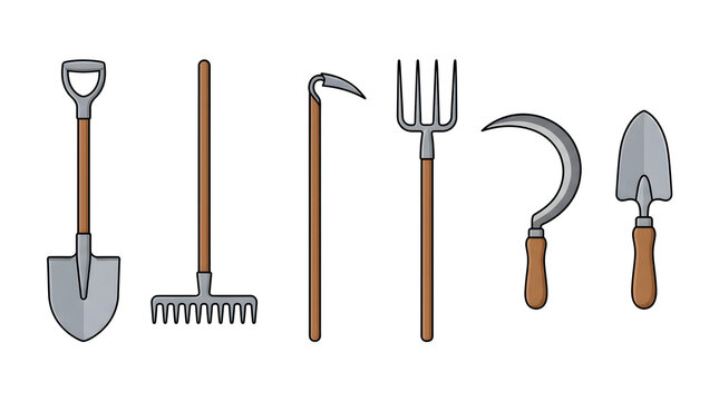 Set of essential gardening and farming hand tools on white. Durable spades, forks, and hoes for planting, digging, and cultivating soil.