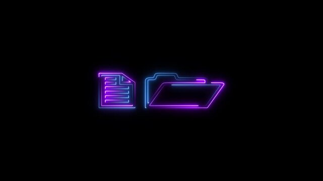 Glowing neon file folder sign. 4K Video motion graphic animation. neon files and folders icon. neon files and folders icon. File icon neon animation with black background 4k videos.