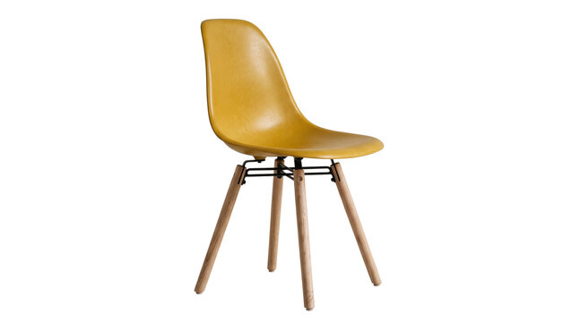 Yellow molded plastic chair with wooden legs on transparent background