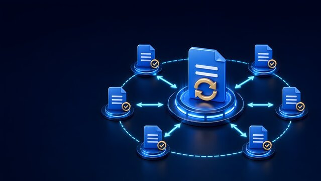 Centralized document synchronization network with verified digital files connecting in a hub representing enterprise data sharing