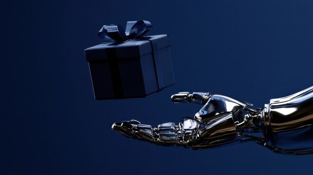 Futuristic metallic robotic hand reaching out for floating gift box wrapped with ribbon against deep blue background symbolizing technology and celebration concept