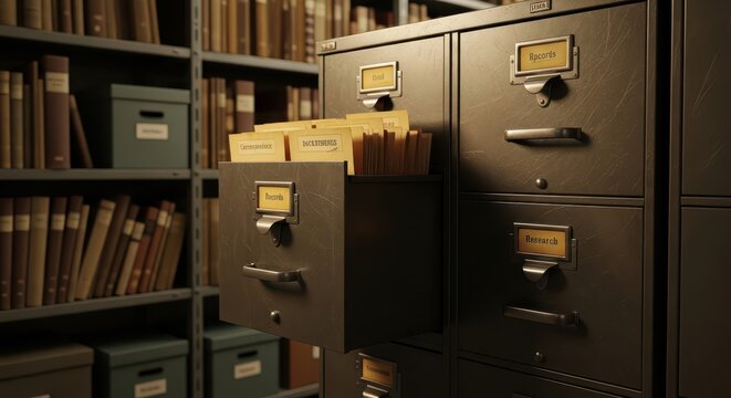 Vintage filing cabinet filled with manila folders in a library archive room, a retro storage solution