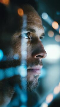 A young man gazes ahead with determination, illuminated by abstract reflections and digital light effects. The photo evokes themes of future, ambition, and technological advancement
