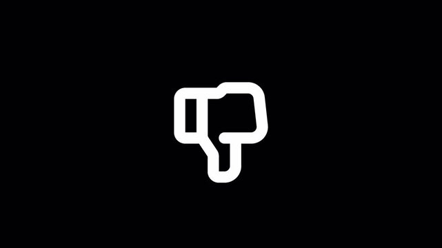 Minimalist thumbs down icon animation, white hand gesture symbol on black background, negative feedback and dislike motion graphic