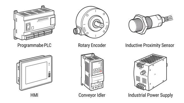 Industrial automation components on conveyor system. PLC, sensors, and relays for smart factory control.