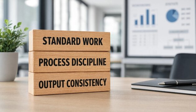 Wooden blocks displaying standard work process discipline and output consistency on office desk with charts and pen