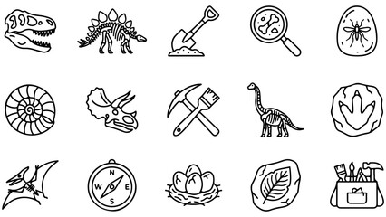 Set of dinosaur and paleontology icons featuring fossils and prehistoric exploration tools © OMESA