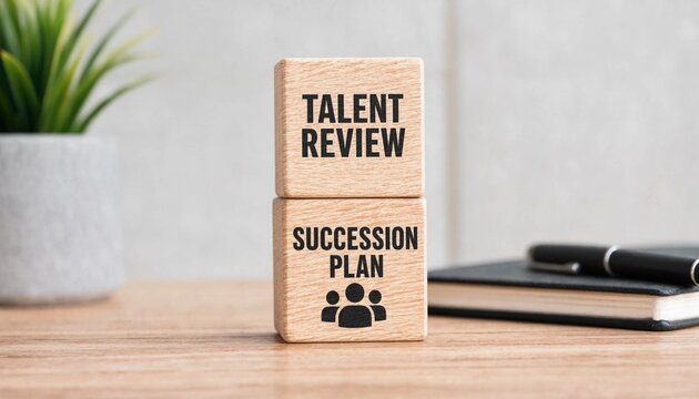 Wooden blocks displaying talent review and succession planning concepts on a desk with office supplies